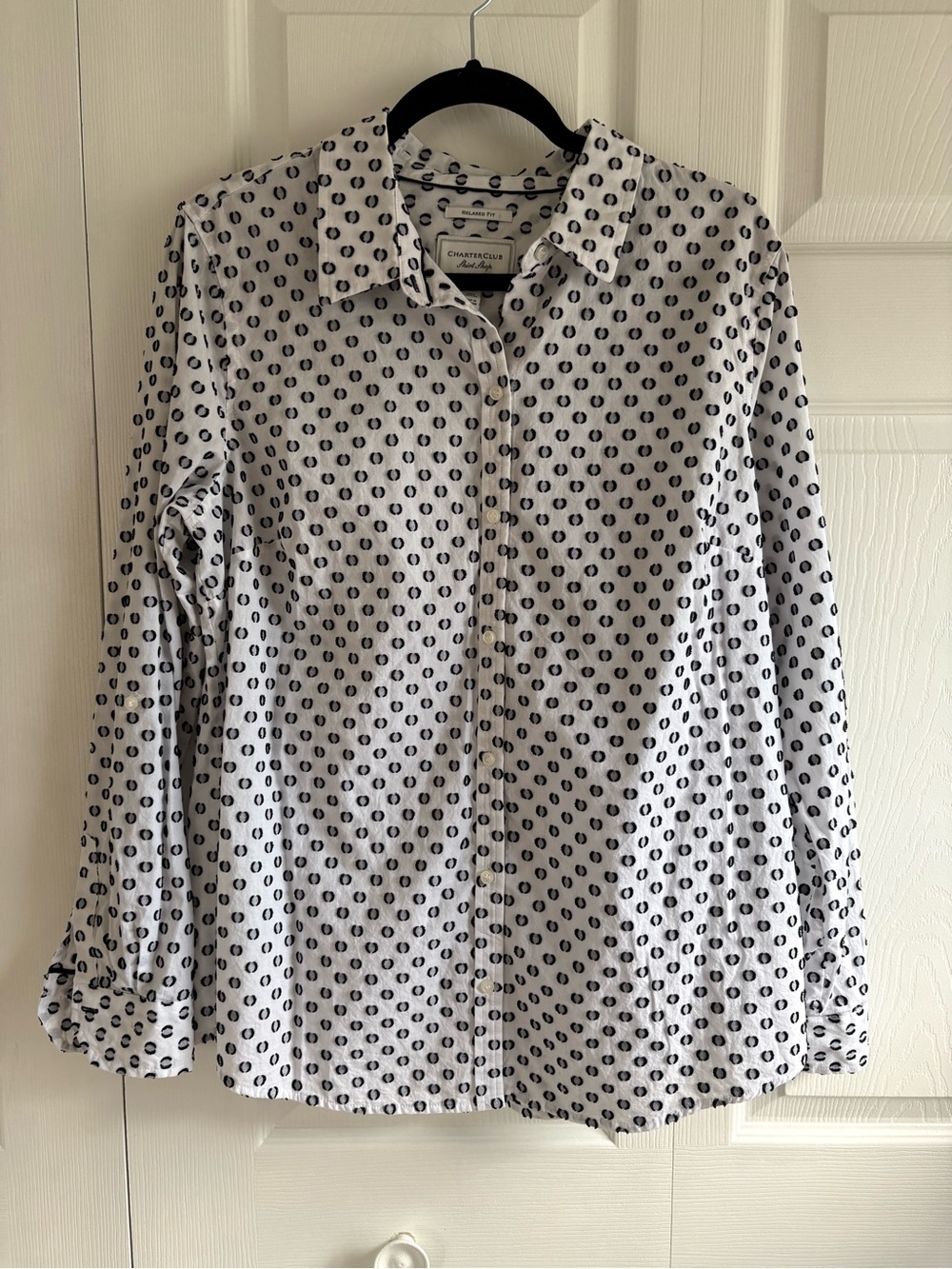 Charter Club Black White Dot Button Shirt Relaxed Fit 12 Career Academia Teacher
